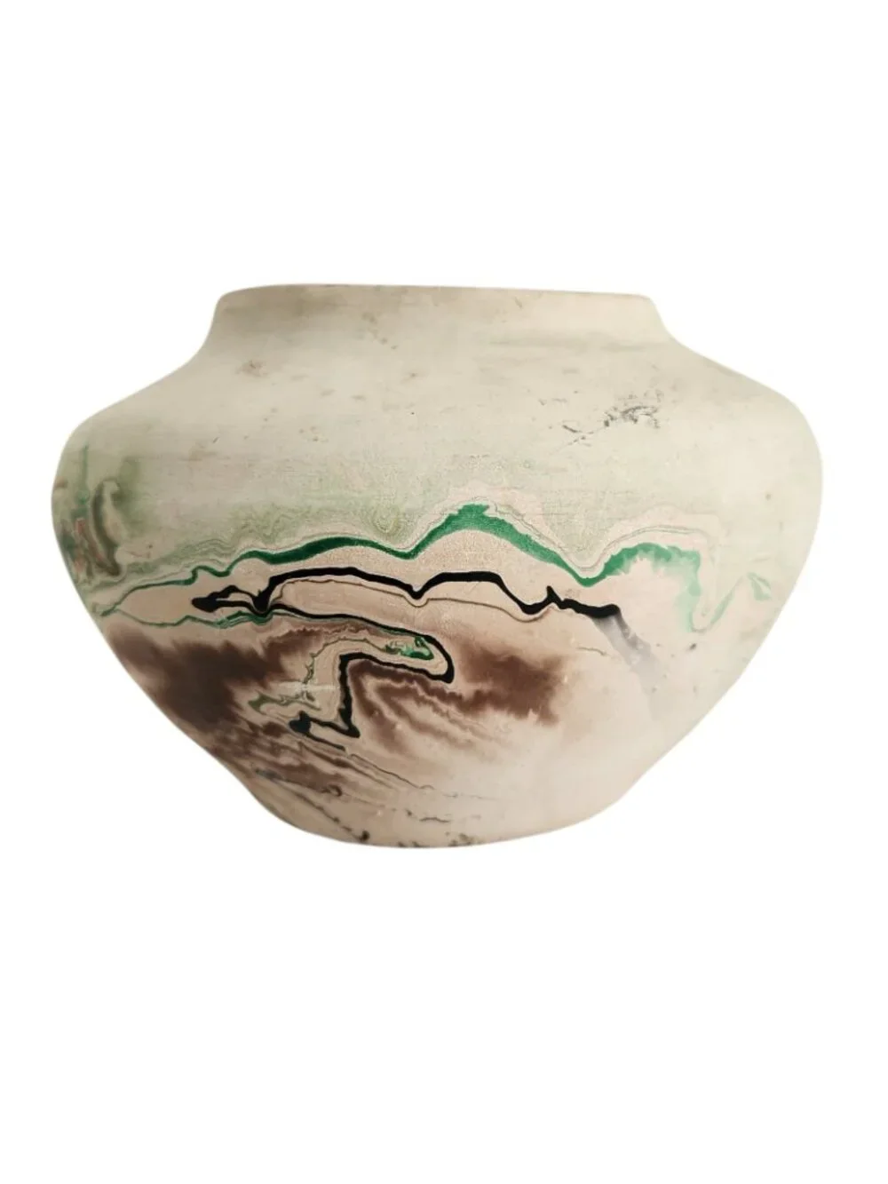 Vintage Nemadji Pottery Vase Green Brown Black Swirl Marble 3.8